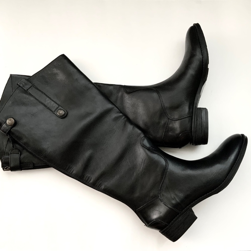 Sam Edelman Penny Knee-High Black Leather Riding Boots Block Heel Almond Toe - Picture 10 of 16